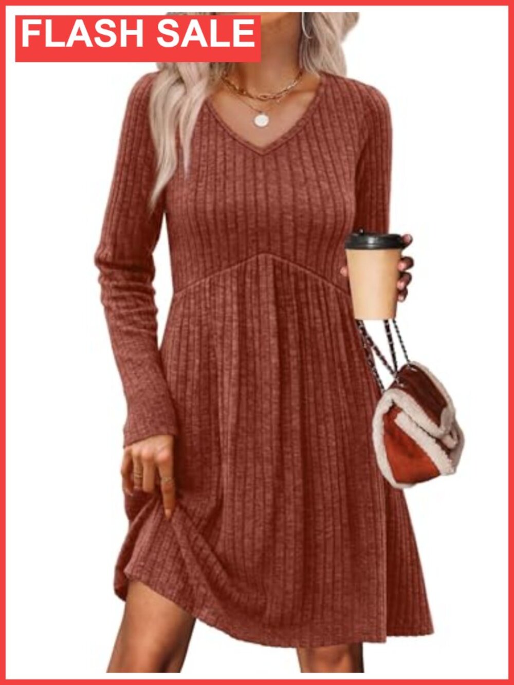 V Neck Long Sleeve Sweater Dress Empire Waist Babydoll Casual with Pockets